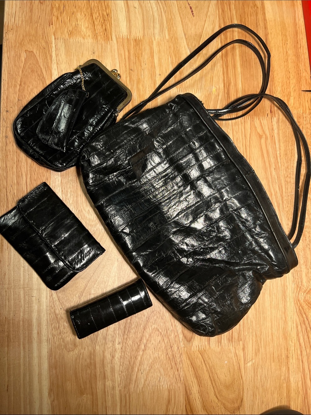 80’s Sleek Black Eel Leather Purse Set (coin, lipstick, and cigarette cases!)